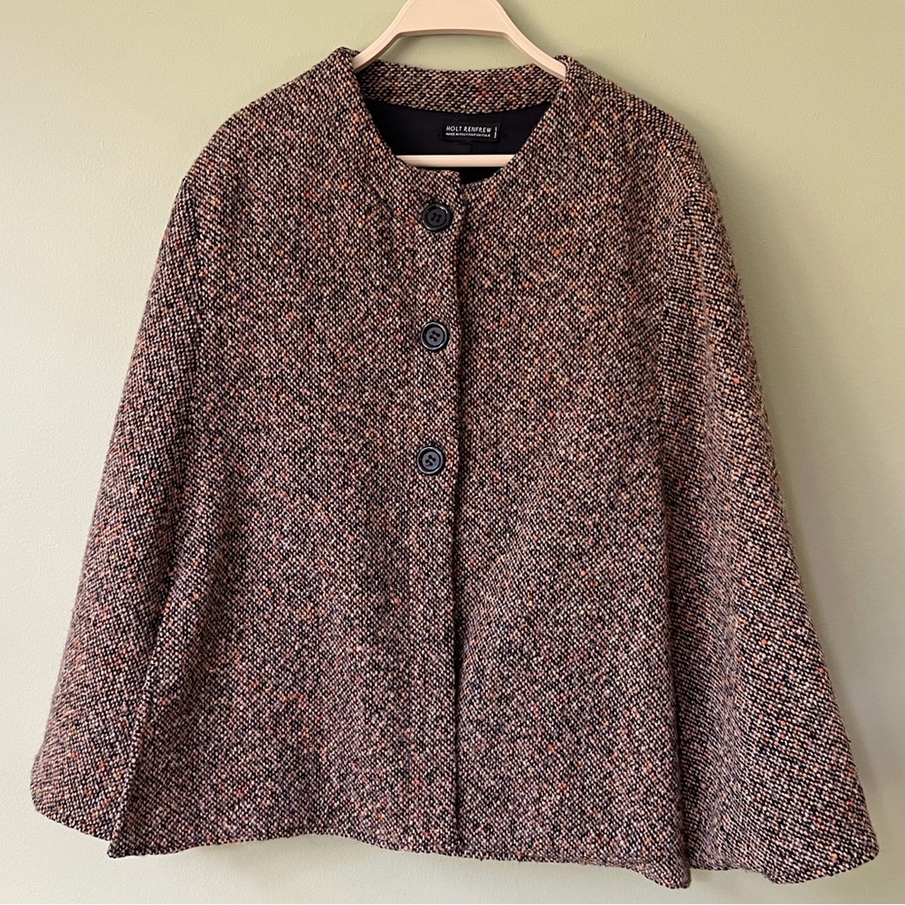 Holt Renfrew NEW Vintage Wool Knit Donegal Tweed Arm Slit Cape